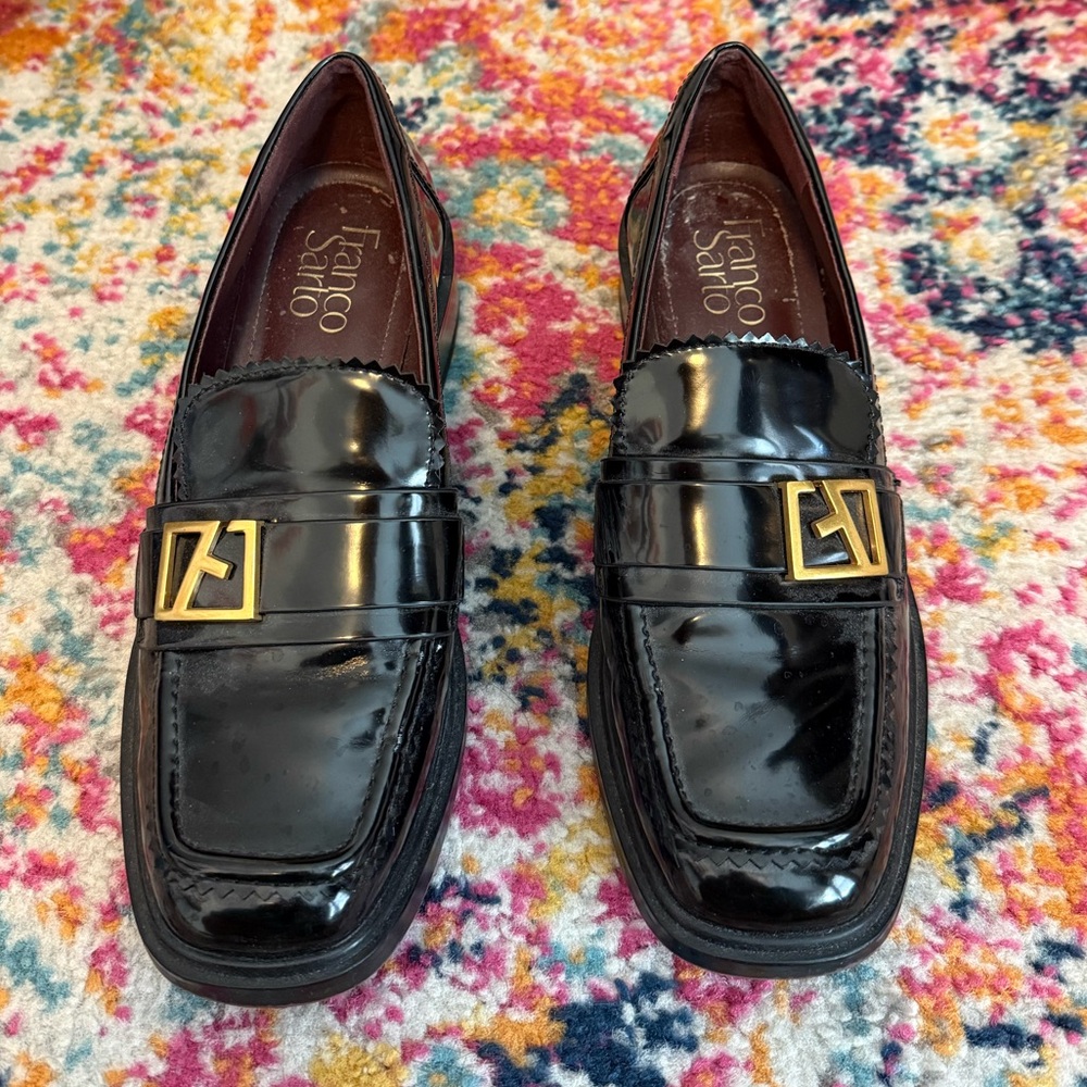 Franco Sarto Glossy Black Loafers with Gold Accent